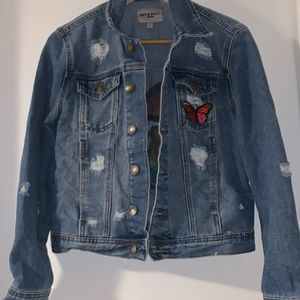 Satin doll hand painted wild mushroom rainbow butterfly Jean jacket hippie